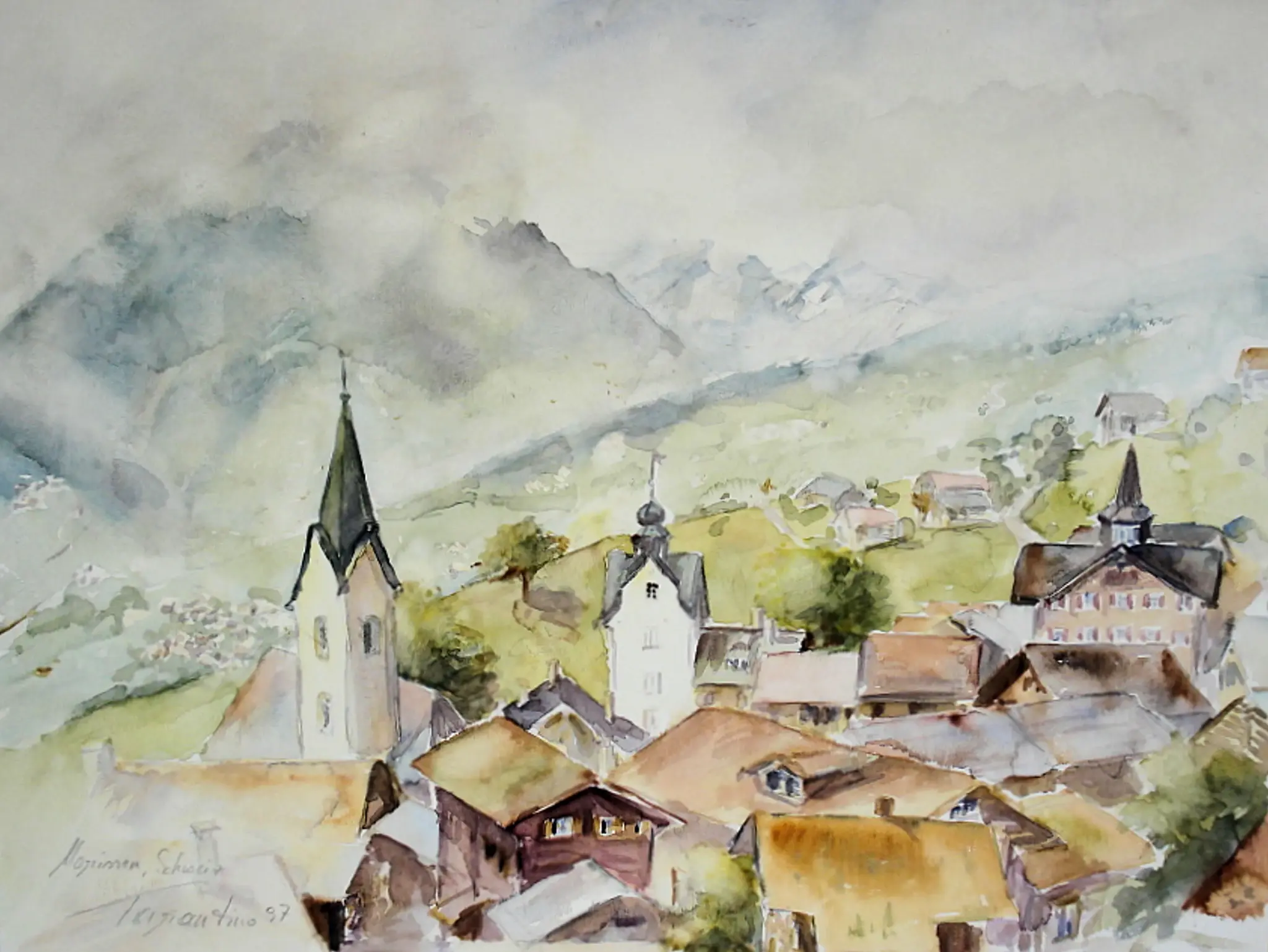 Morissen in der Schweiz - Schweizer Berglandschaft Aquarellbild von Arte Tarantino