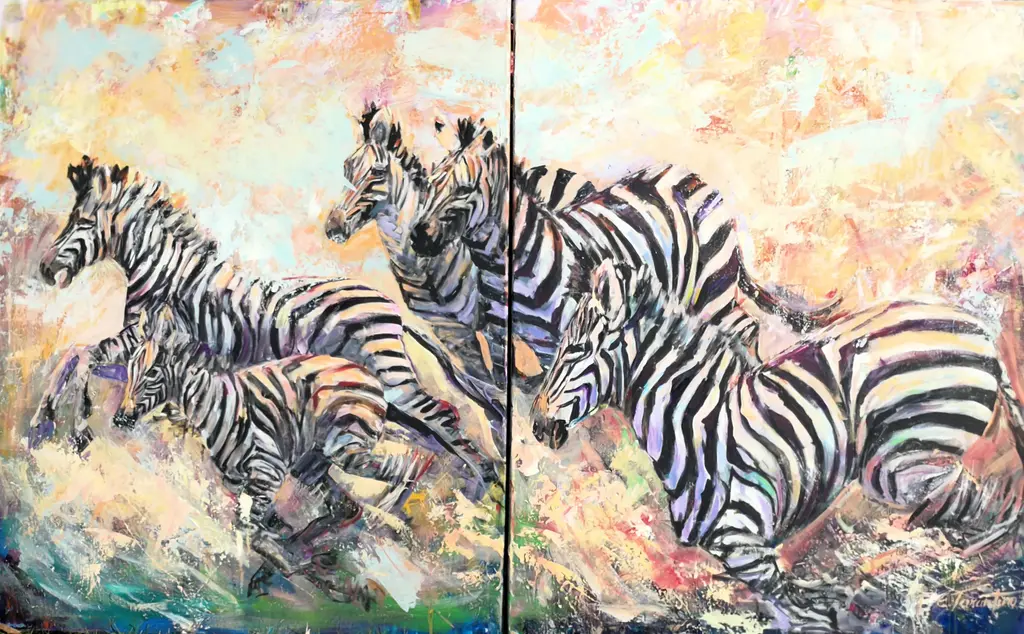 Zebra Wildlife - Afrika Diptychon Acrylbild auf Leinwand 200x120cm von Arte Tarantino