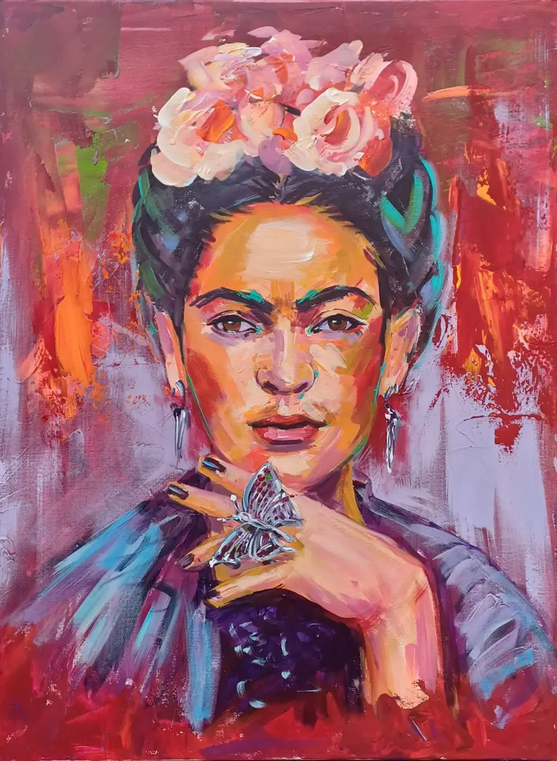 Frida Kahlo mit Schmetterling - Portrait Acrylbild auf Leinwand 80x100cm von Arte Tarantino